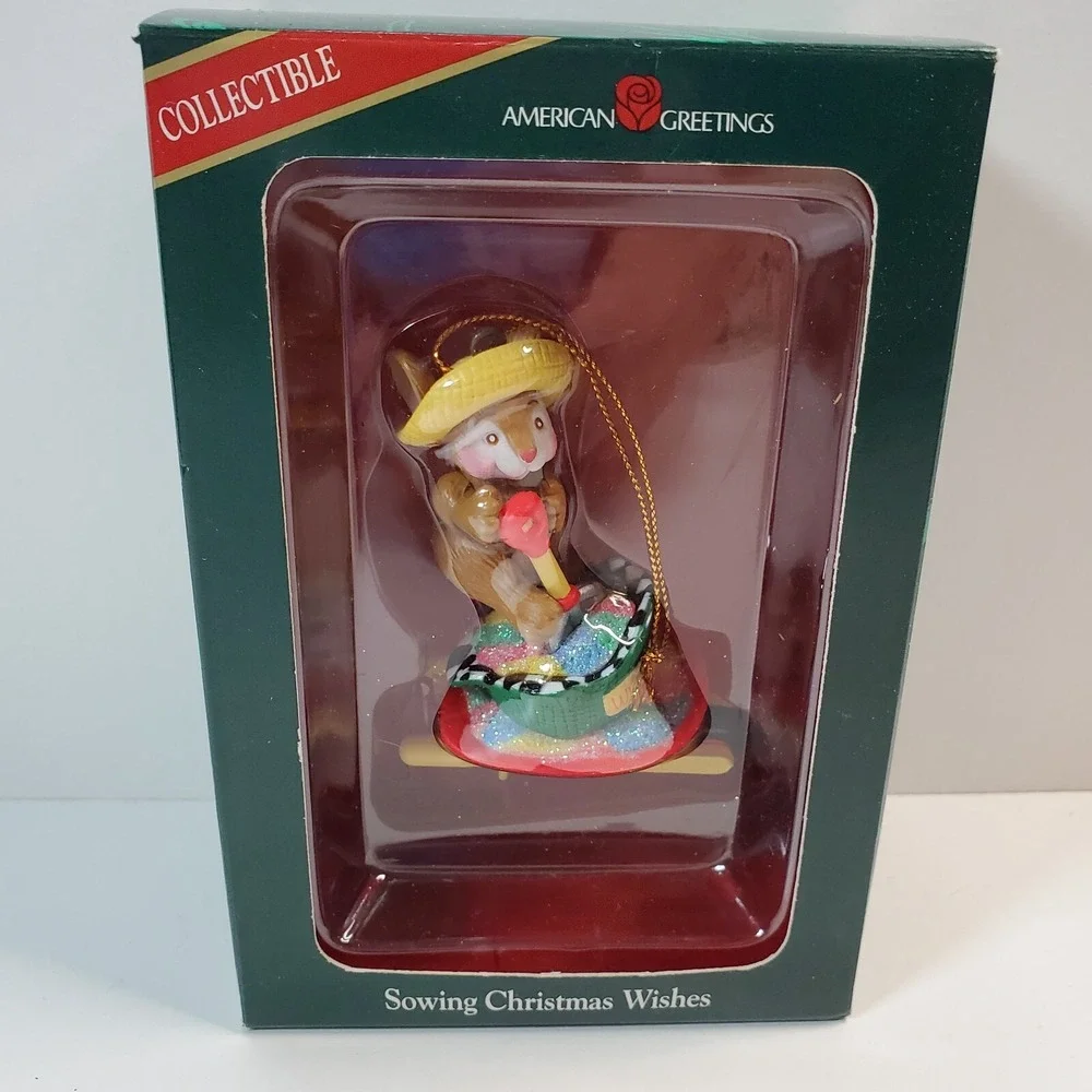 Vtg American Greetings Sowing Christmas Wishes Mouse Ornament w/Box Gardening
